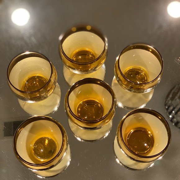 MCM Set of Six Frosted Amber With Gold Greek Key Accent Roly Poly Bar Glasses - Picture 4 of 6